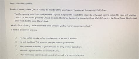 Select The Correct Answer Read This Excerpt About Qin Shi Huang The