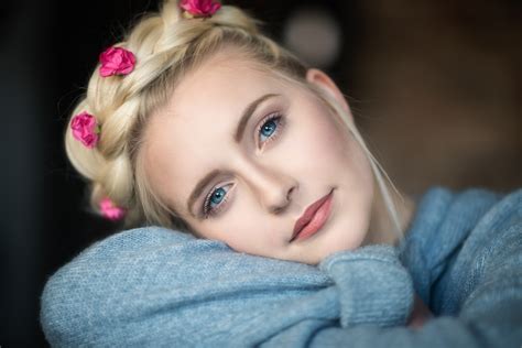 Flowers Blonde Mark Prinz Portrait Face Blue Eyes Women HD