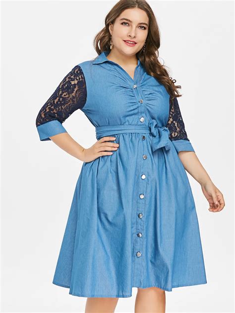 Aliexpress Buy Kenancy Plus Size Lace Sleeve Belted Button Up