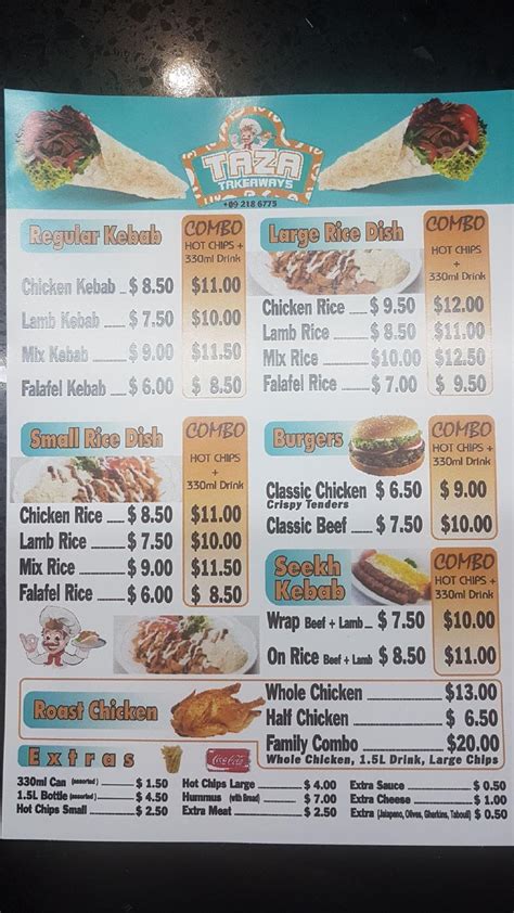 Menu at Taza Takeaway fast food, Auckland