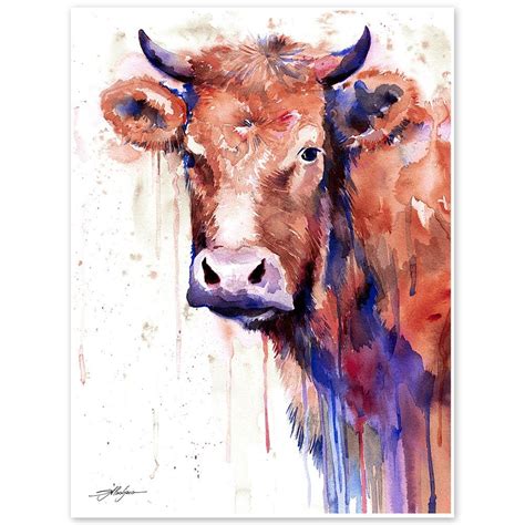 Brown cow watercolor painting print by Slaveika Aladjova