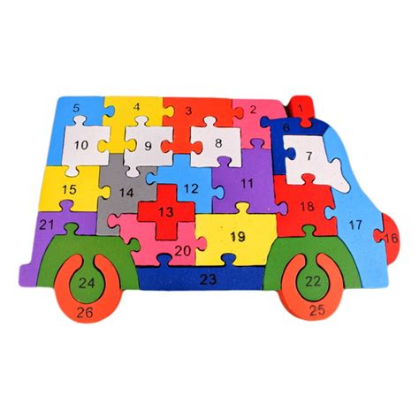 Puzzle D Din Lemn Pentru Copii Cu Alfabet Si Cifre Autobuz Piese