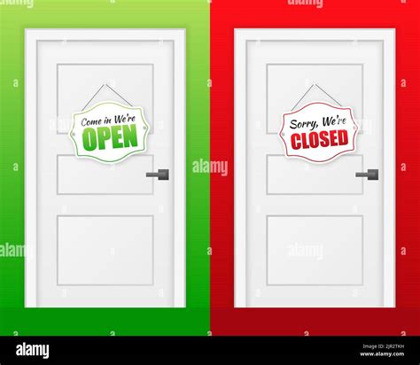 Open Door Sign Door Sign Label With Text In Flat Style Stock Vector