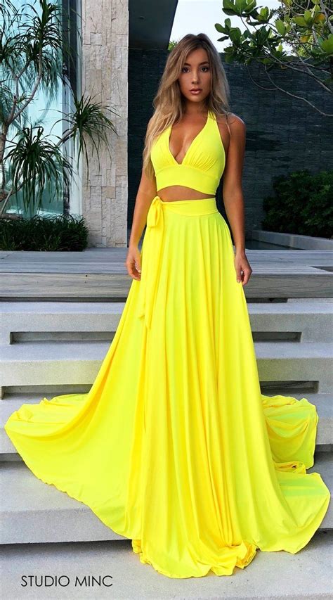 Bright Yellow Spandex Deep V Neck Two Pieces Split Prom Dresses Open