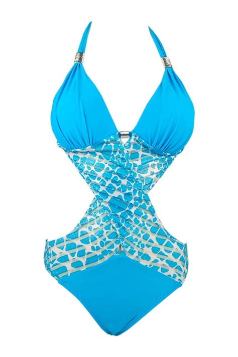 Beachjoy Bikini Swimsuit One Piece Monokini Twisted Sheer Printed Waist Turquoise Size M