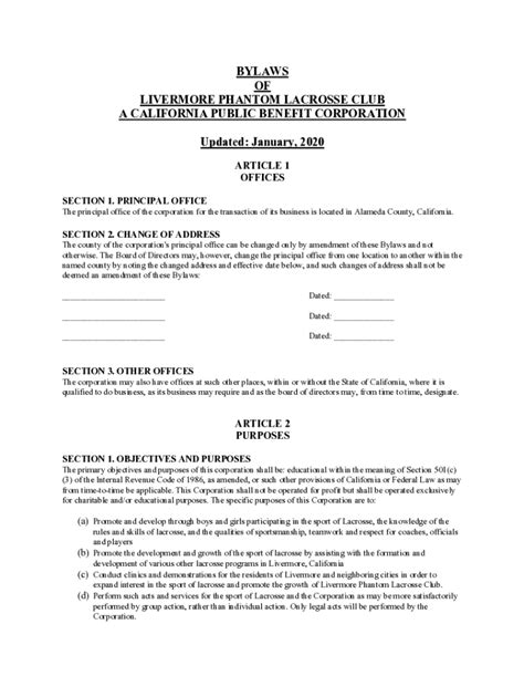 Fillable Online Bylaws Of Livermore Phantom Lacrosse Club A California