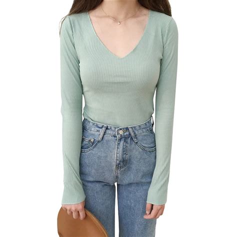 New Arrived Women V Neck Shirts Sex Long Sleeve T Shirt Solid Color