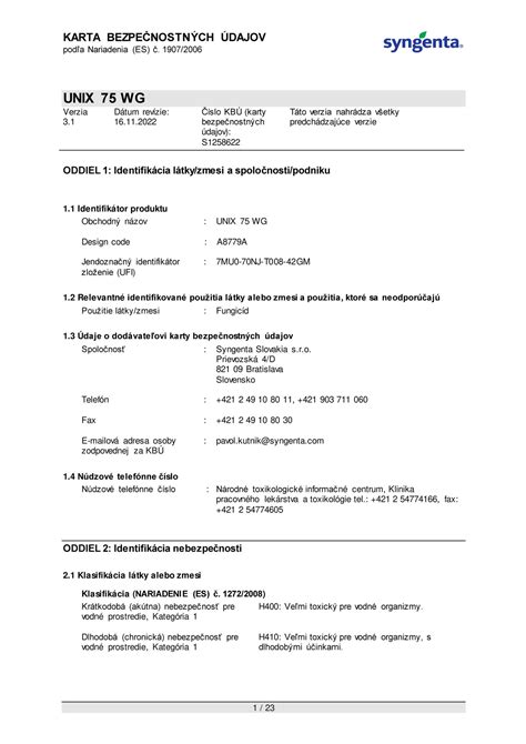 Syngenta - msds_UNIX 75 WG_2022-11-16.UFI - Strana 1