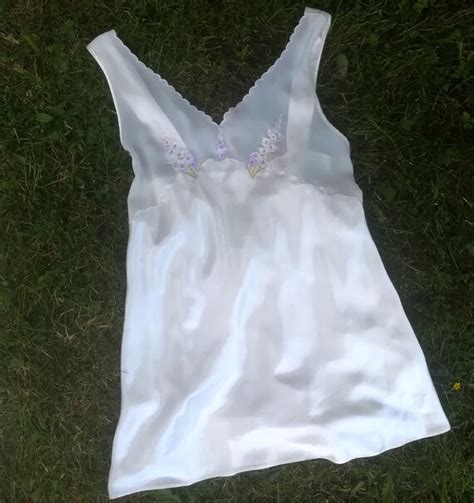 White Vintage Lingerie Slip Dress Nightgown With Pa Gem