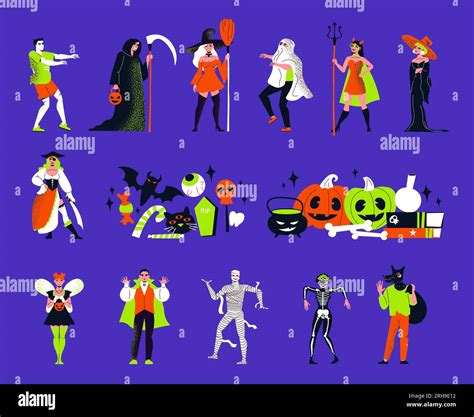 Flat Set Of Halloween Attributes And People Wearing Scary Color Costumes Isolated On Blue