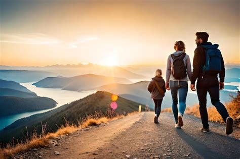 Una familia camina por una montaña con una puesta de sol de fondo