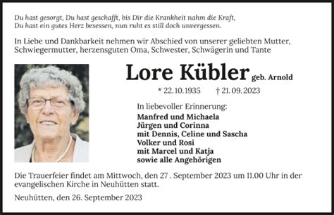 Traueranzeigen von Lore Kübler trauerundgedenken de