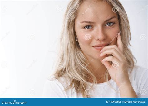 Headshot Tender Happy Smiling Naked Redhead Woman Freckles Touch Perfectly Clean Pure Skin Close