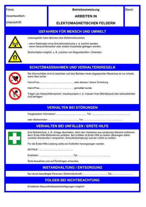 Betriebsanweisung Arbeiten In Elektromagnetischen Feldern BG BAU