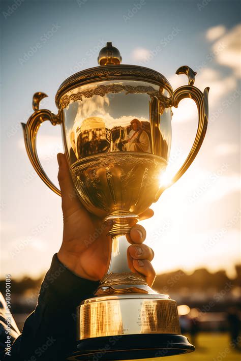 gold trophy cup being held up by a winning jockey on a horse, with a ...