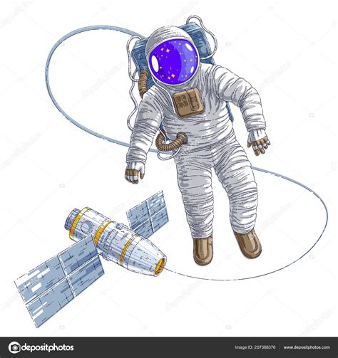 Spaceman Flying Open Space Connected Space Station Stock Vector By