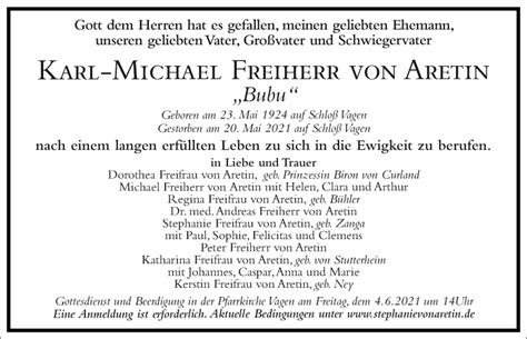 Traueranzeigen Von Karl Michael Freiherr Von Aretin Frankfurter