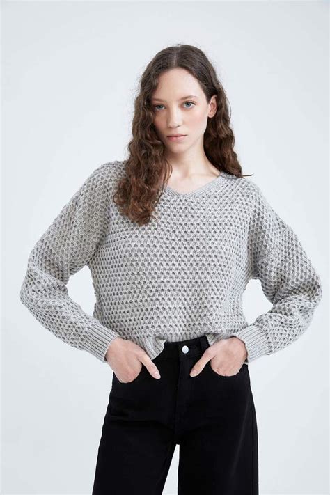 Grey Woman Relax Fit V Neck Pullover Defacto