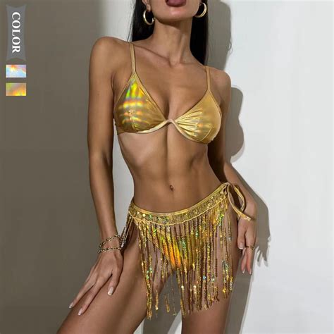 Sexy Shiny Silver Sequin Bikini Fringe Bandeau Swimwear Women Beach