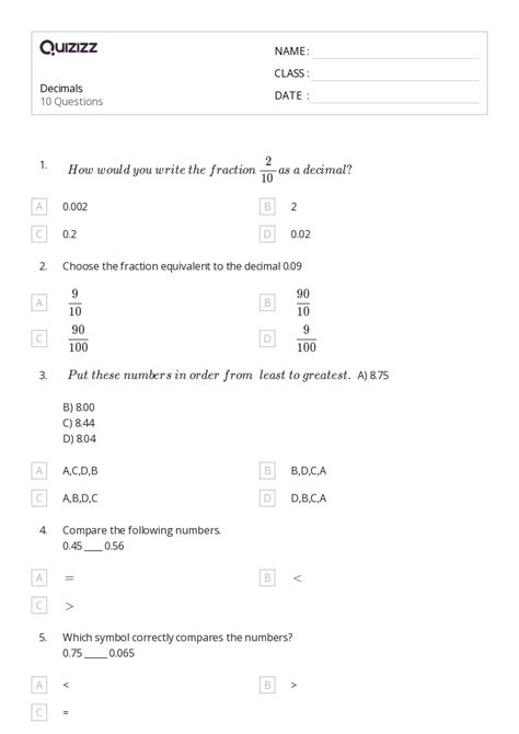 Decimals Worksheets For Th Class On Quizizz Free Printable