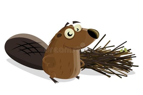 Funny Cartoon Beaver Building A Dam With Branches And Twigs Stock