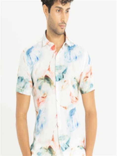 Buy Snitch White Classic Slim Fit Floral Printed Linen Casual Shirt