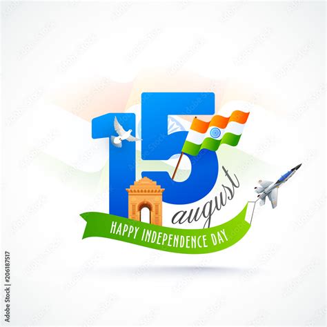 Stylish text 15 August with India Gate, Indian flag waving, flying dove ...