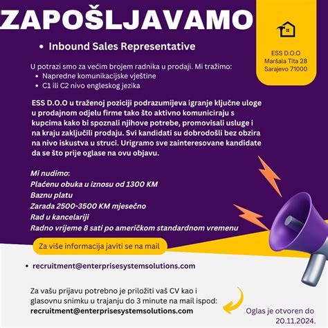 Inbound Sales Representative M F Oglasi Za Posao Sarajevo MojPosao Ba