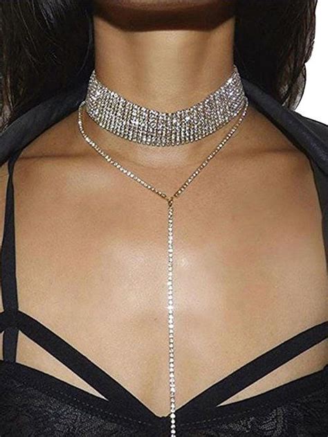 Glamaker Womens Wide Thick Diamond Neck Rhinestone Choker Necklace