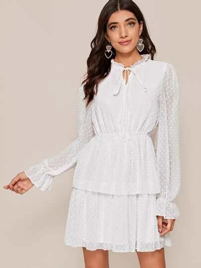 Shein Frill Tie Neck Flounce Sleeve Swiss Dot Layered Dress Ruffle