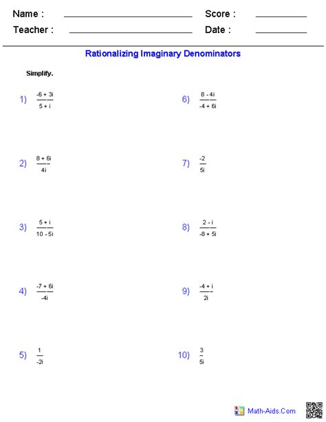 Simplifying Complex Numbers Worksheets