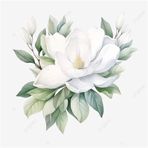 Watercolor White Magnolia Flower And Leaf Bouquet Elements Magnolia