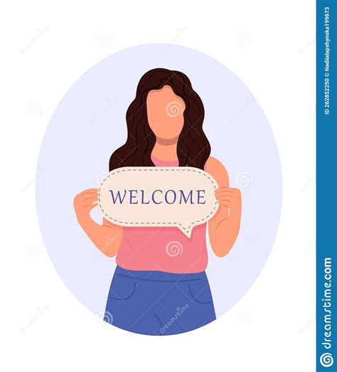 Cheerful Woman Holding Welcome Sign and Smiling while Standing. You are ...