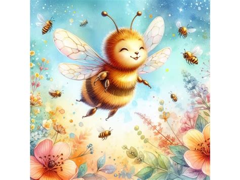 Four watercolor Illustration of Honey bee flying with joy Colorful ba ...