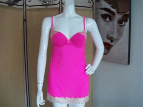 Hot Pink Sheer Babydoll Lingerie Padded Bra Lacy Trim Honeymoon Sexy Nightie Adj Straps Gold