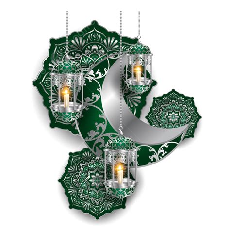 Ramadan Kareem Islâmico 3d Prata Verde Lua E Lâmpada Vetor Png Png