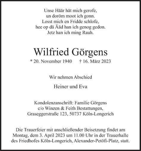 Traueranzeigen von Wilfried Görgens WirTrauern