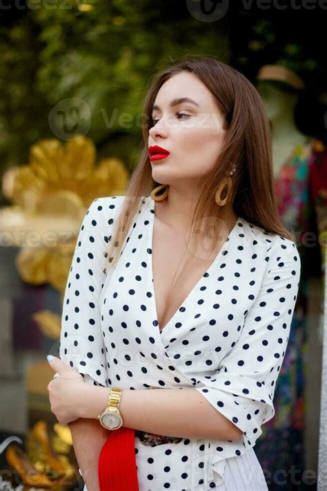 Beautiful Model Look Brunette Female Wearing White Polka Dots Stock Photo At Vecteezy