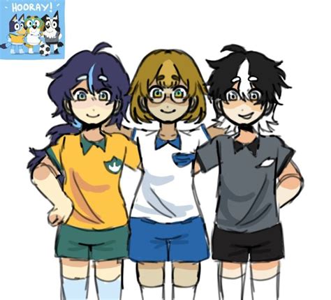 Three Anime Girls Standing Next To Each Other With Their Hands On Their