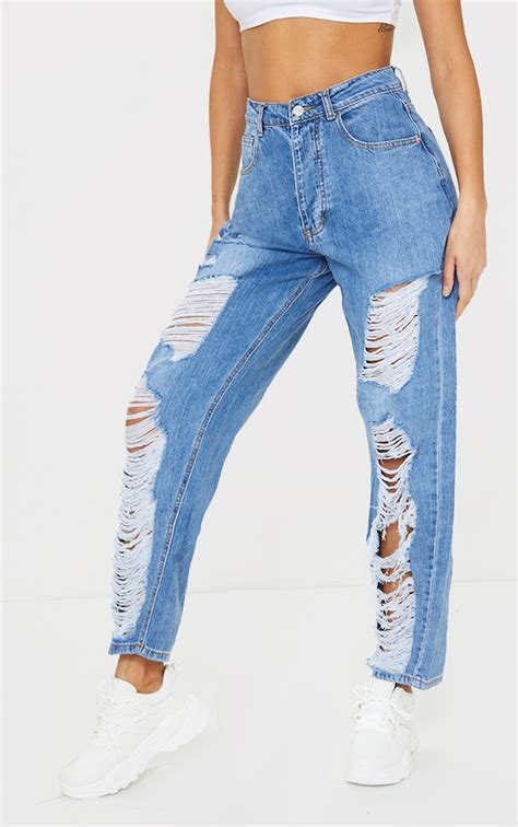 Plt Mid Blue Distressed Boyfriend Jeans Prettylittlething Uae