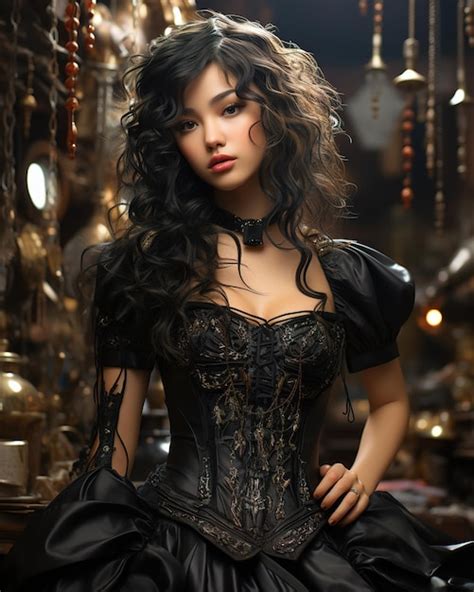 Premium AI Image A Woman With Curly Hair Sits In A Black Dress With A