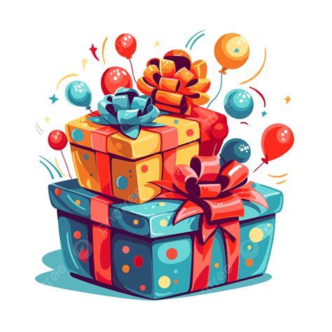 Birthday Present Vector, Sticker Clipart Colorful Gift Boxes With Balloons And Ribbons Present ...