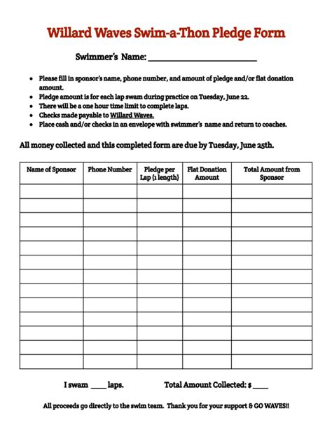 Fillable Online Swim A Thon Pledge Sheet Fill Online Printable