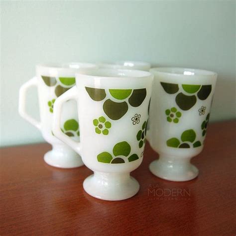 4 Fire King Footed Mugs Green Floral Design Etsy Fire King Vintage