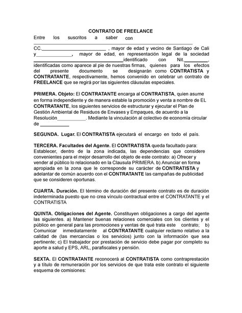 Modelo Contrato Freelance CONTRATO DE FREELANCE Entre Los Suscritos A