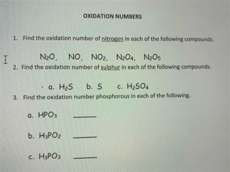 Solved OXIDATION NUMBERS 1 Find The Oxidation Number Of Chegg