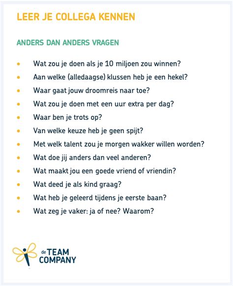 De Team Company Leer Je Collega Kennen Vragen