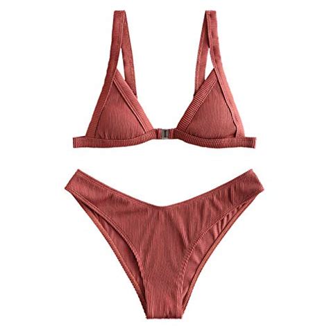 ZAFUL Women S Straps Textured Ribbed Front Closure High Cut Bikini Set