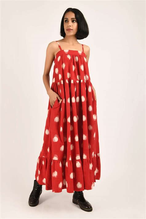 Buy Indigo Dreams Red Handwoven Double Ikat Mussoorie Polka Dot Woven Dress Online Aza Fashions