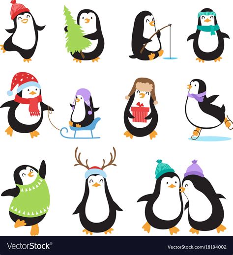 Cute cartoon penguins winter holidays Royalty Free Vector